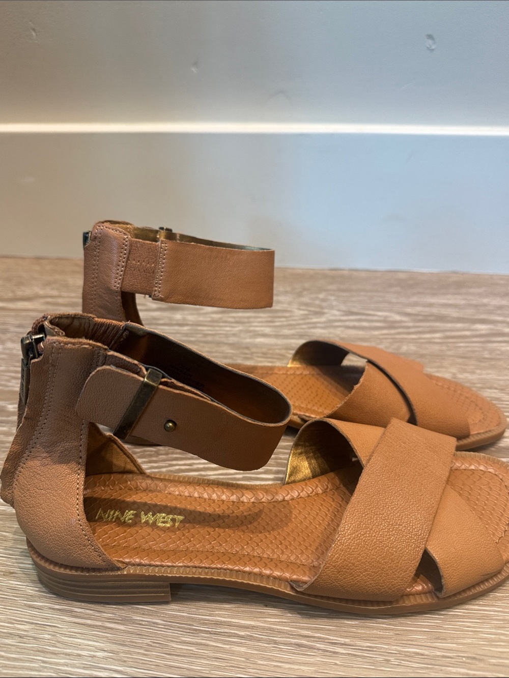 Nine West Brown Leather Ankle-Strap Flat Sandals